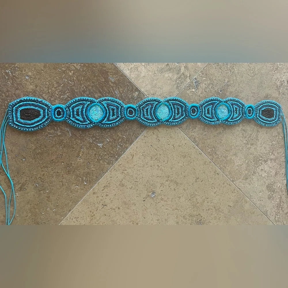 Clementina Beaded Turquoise Waist or Hip Tie Belt - New in Package Anthro-Style